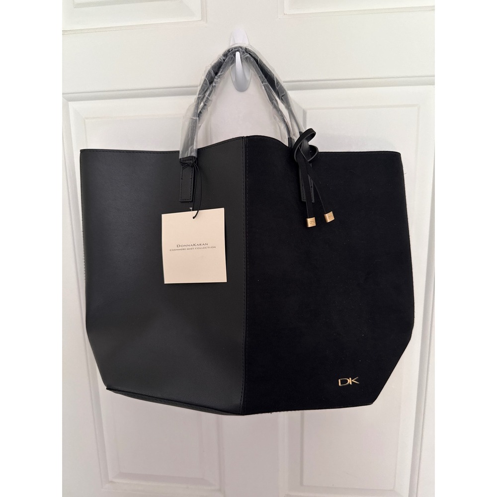 Donna Karan Cashmere Mist Black Tote Bag Mixed Media Faux Leather Suede NEW
